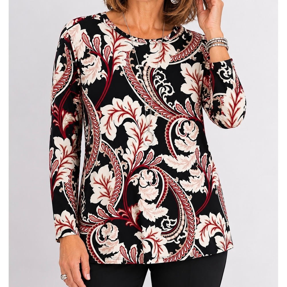 Chico's  Size 4 XXL Paisley Floral Long Sleeve Tunic Blouse Black Red Ivory